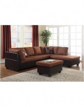A living room with a brown sectional couch and ottoman