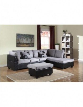 A living room with a sectional couch and ottoman