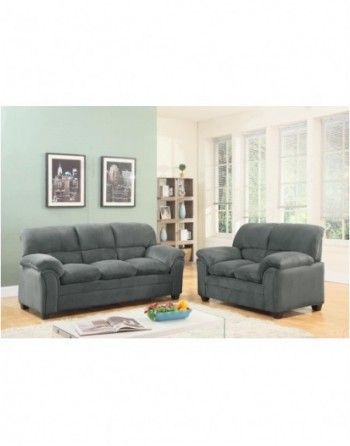 A living room with two grey couches and a coffee table