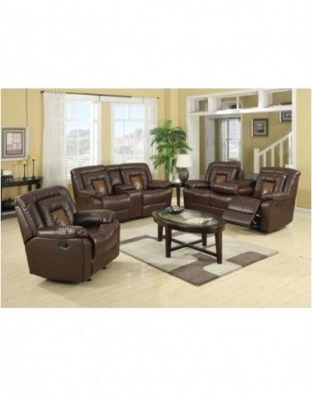 A living room with brown leather furniture and a coffee table.