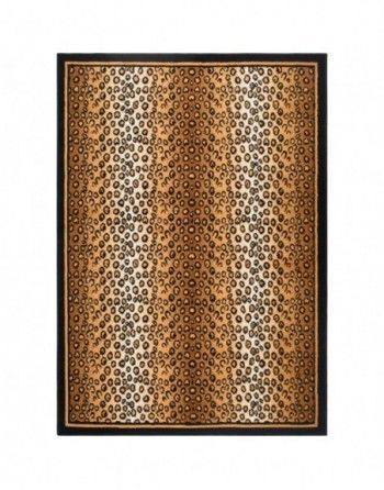 A leopard print rug with a black border on a white background.