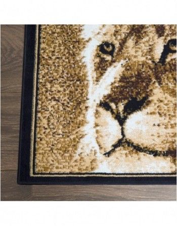 A rug with a picture of a lion on it is on a wooden floor.