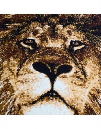 A close up of a lion 's face on a rug.