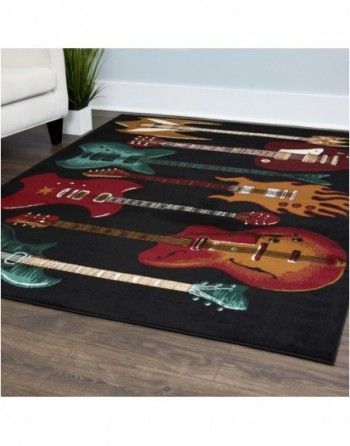 A rug with guitars on it in a living room