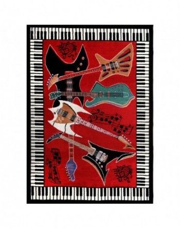A red rug with guitars and piano keys on it