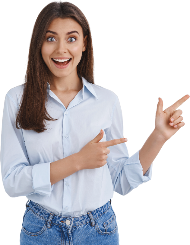 Woman smiling while pointing her fingers
