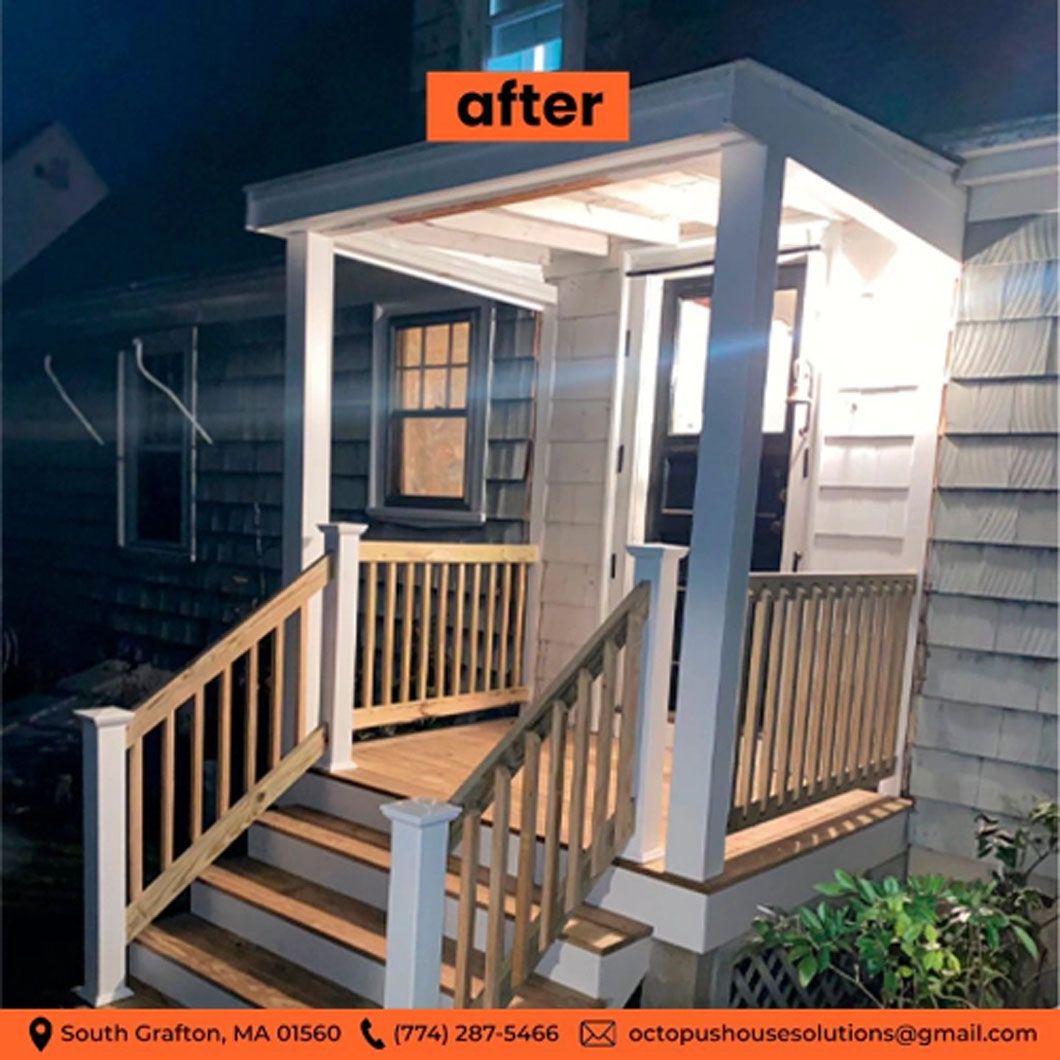 A porch with stairs and a sign that says after