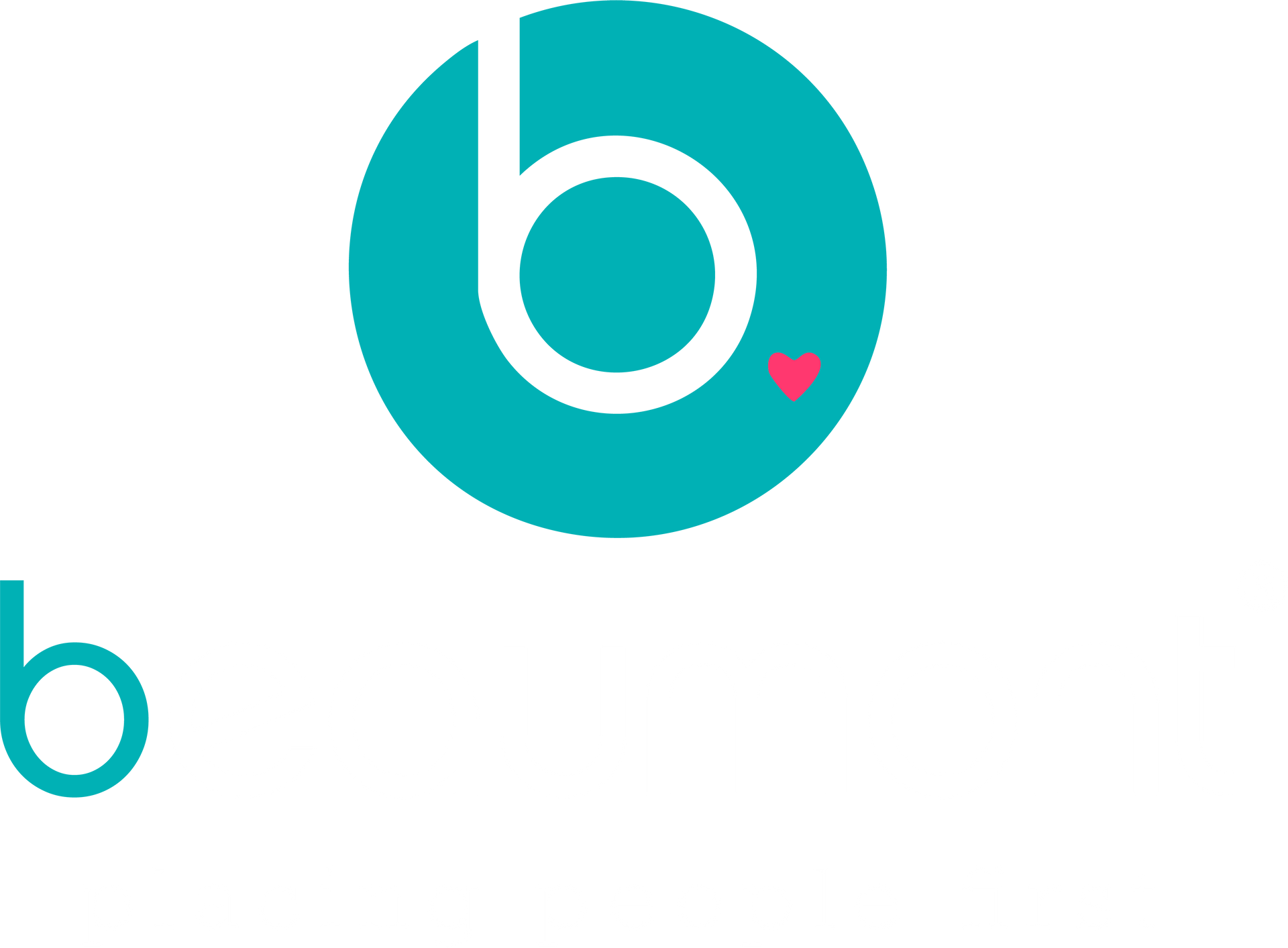 A blue circle with a white letter b and a pink heart in the middle.