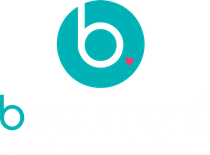 A blue circle with a white letter b and a pink heart in the middle.