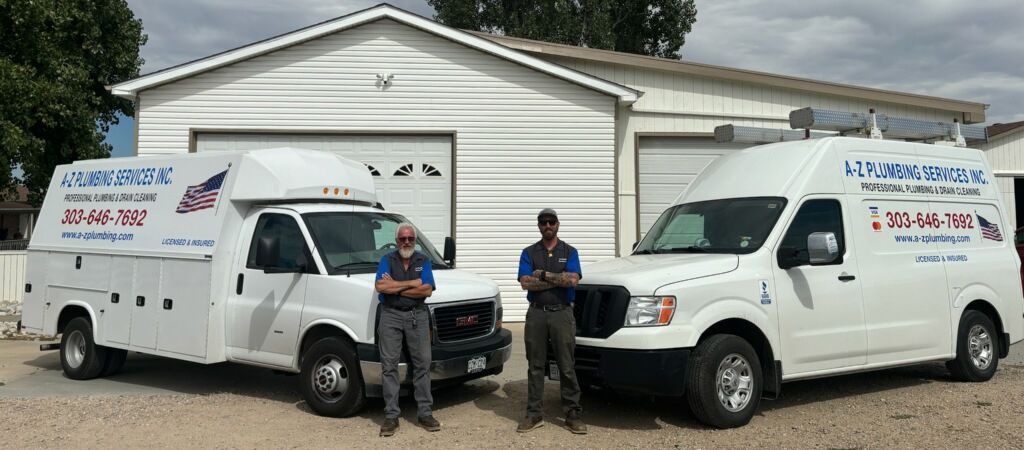 Andy and Dustin in front of a-z plumbing trucks