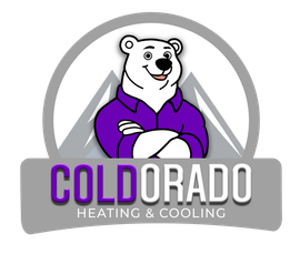 A logo for colddorado heating and cooling with a polar bear