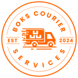 The logo for boks courier services shows an orange truck in a circle.