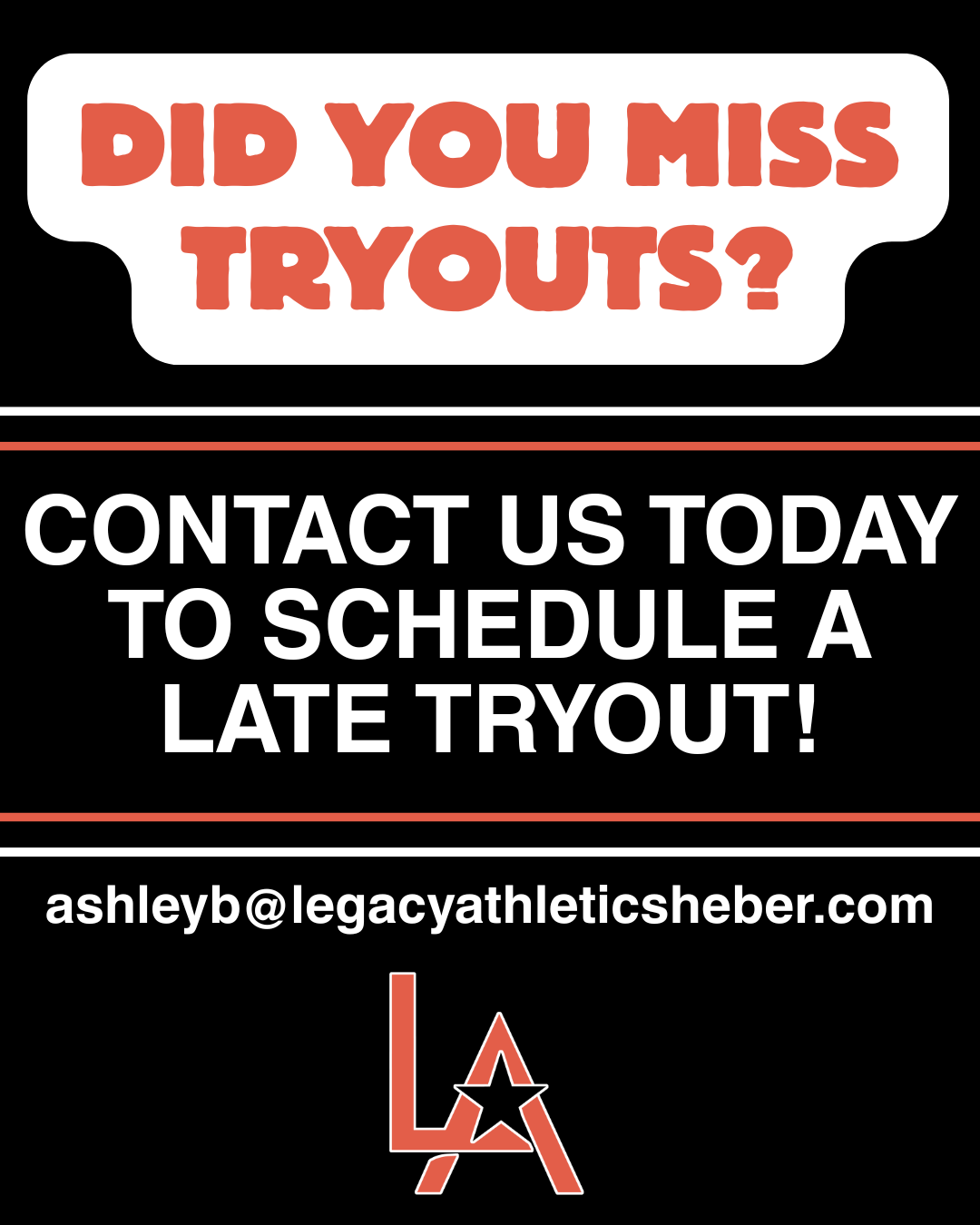 Legacy Athletics All Star Tryouts 2026–2027 flyer with dates, times, and contact info on black background