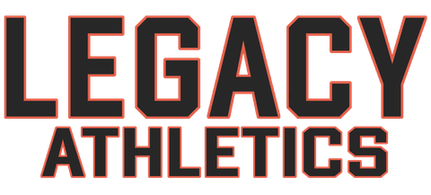 Legacy Athletics logo in bold black letters with orange outline on a white background