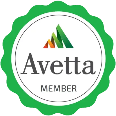 Avetta Member badge, green scalloped border, white circle, logo with three colored peaks.