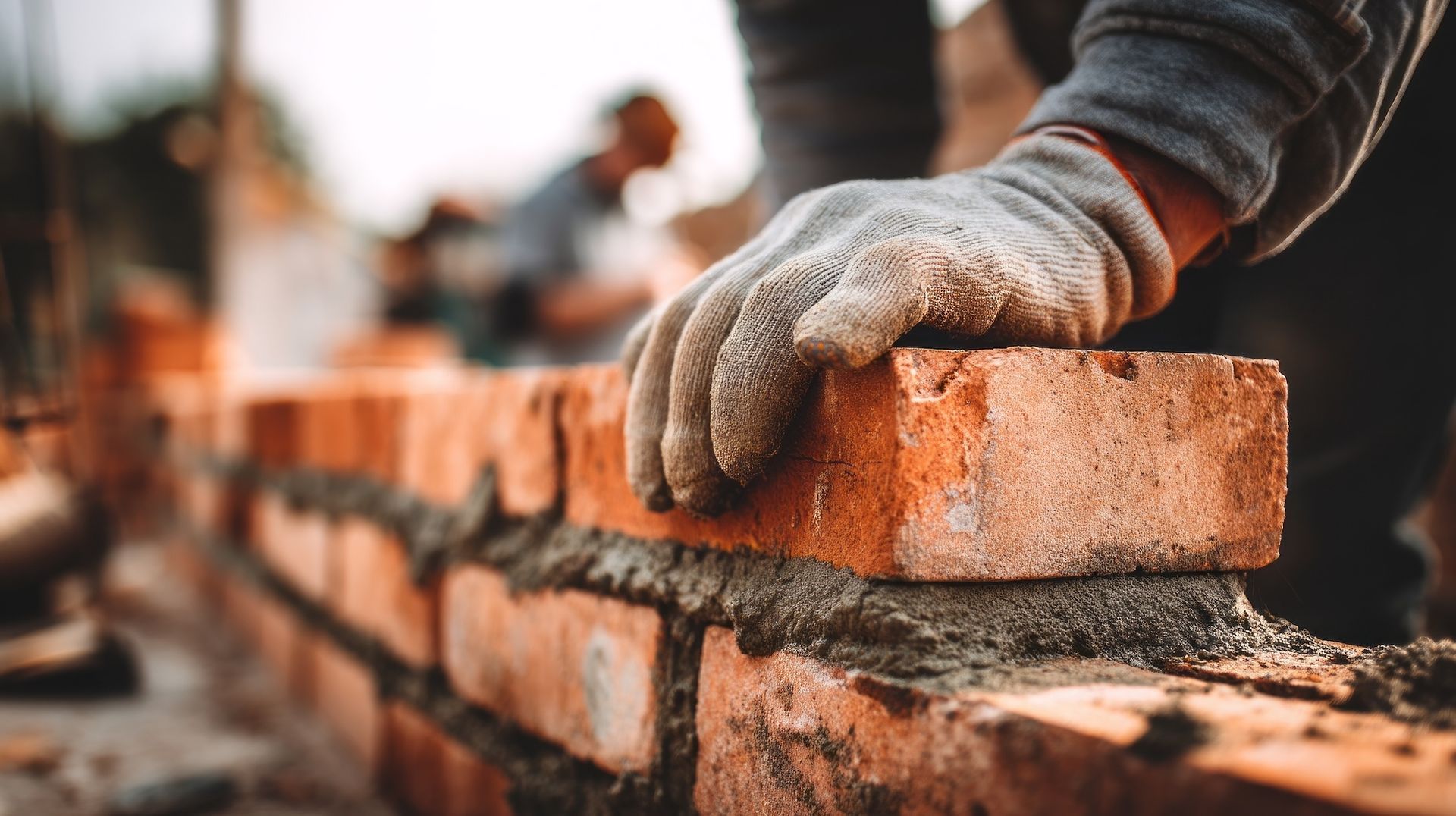 A gloved hand laying a red brick onto a bed of mortar during construction.
