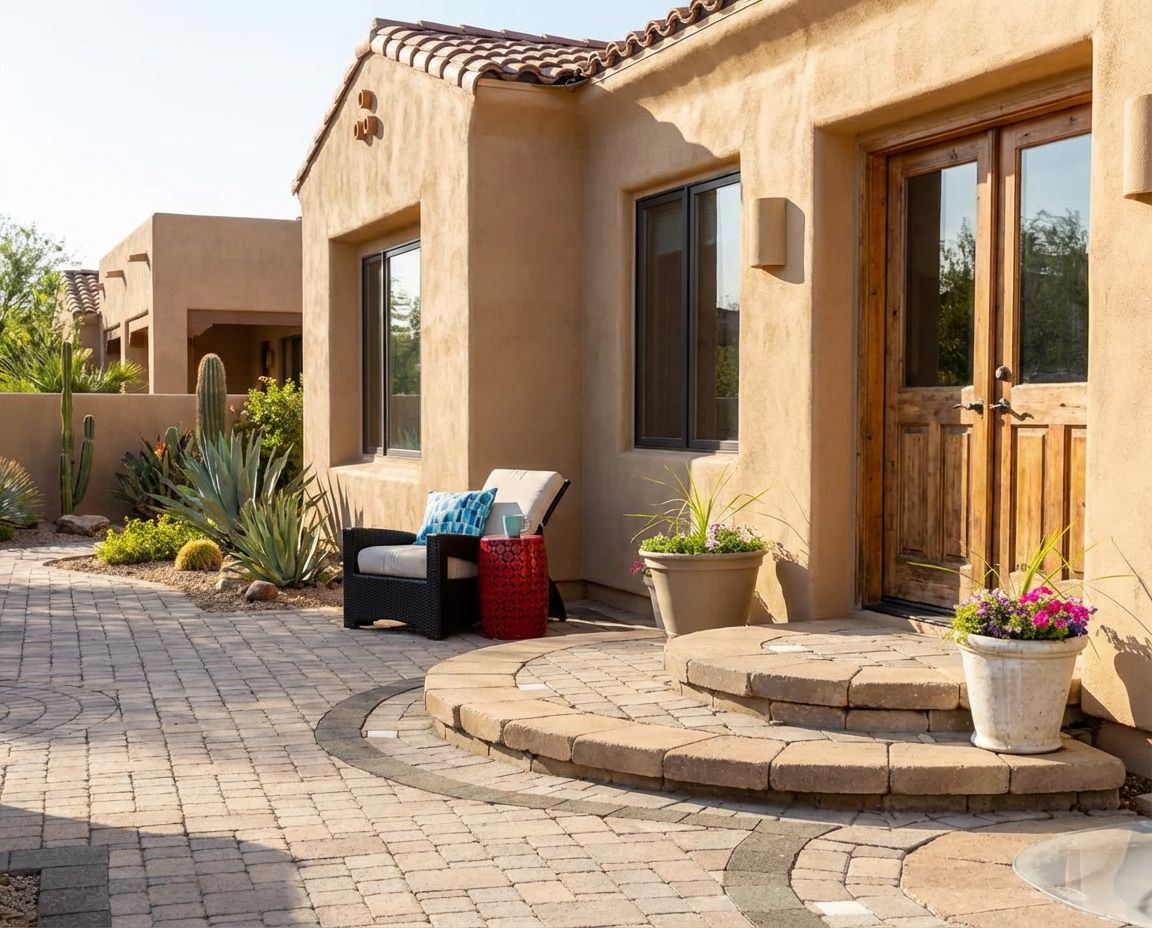 Stone patio with steps and seating area. Features a black chair, red side table, and potted flowers.
