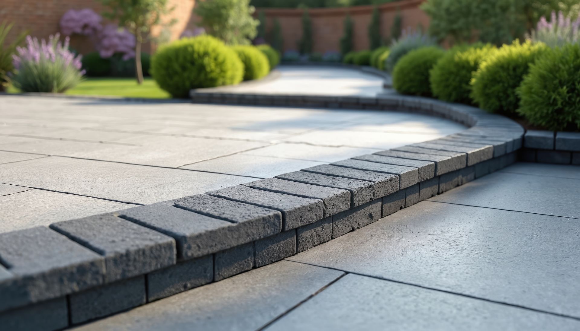 Gray brick retaining wall curving around a patio, with a path and green shrubs in the background.