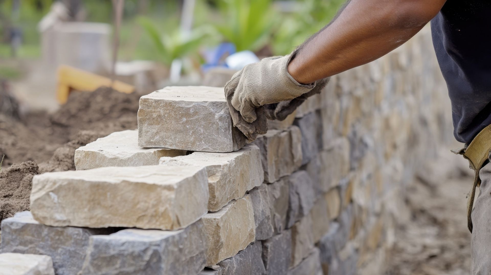 Person wearing gloves laying stone bricks to build a wall outdoors.