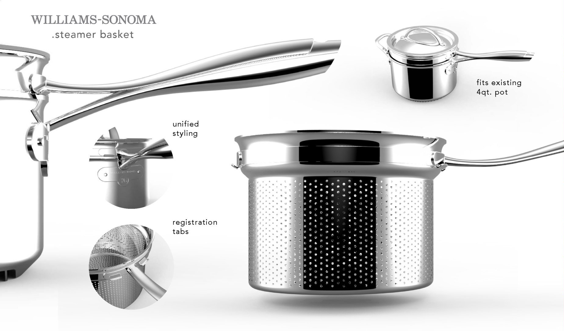Stainless steel Williams Sonoma tea infuser and pot with detailed illustrations.