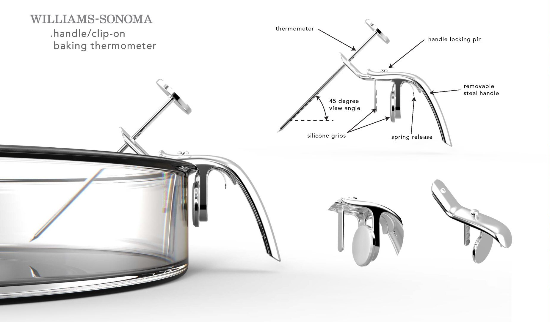 Williams Sonoma baking thermometer clipped to a clear glass container; diagram and isolated views show design details.