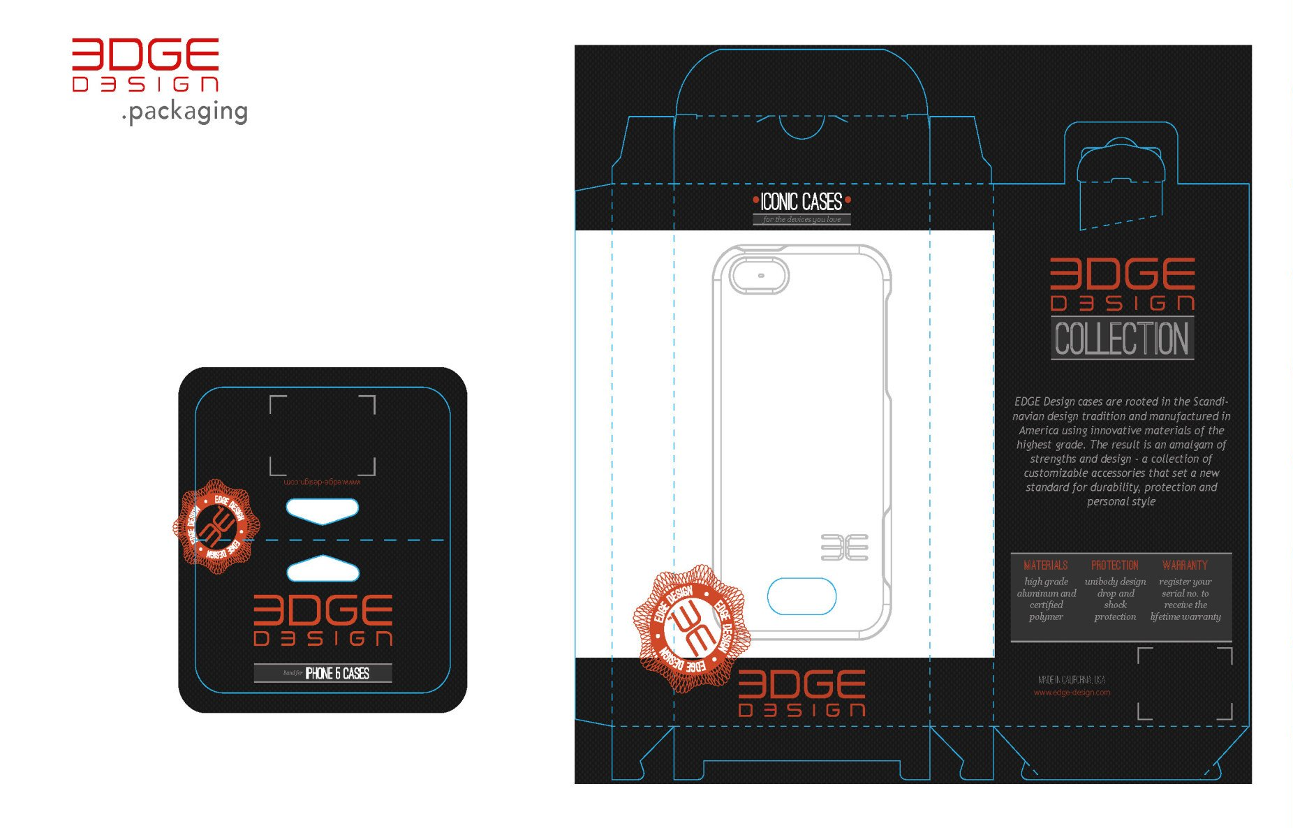 Packaging design for phone case, with a black and orange color scheme.