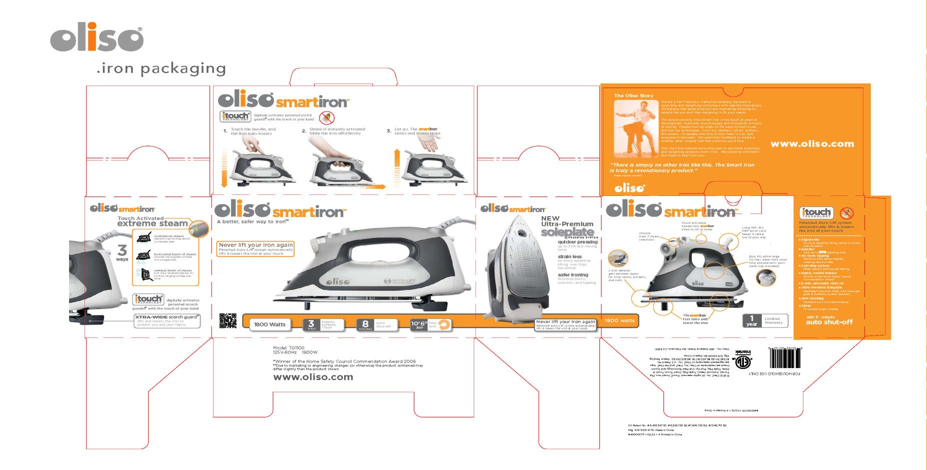 Flat-lay cardboard box design for an iron, with product images, instructions, and text in orange, gray, and white.