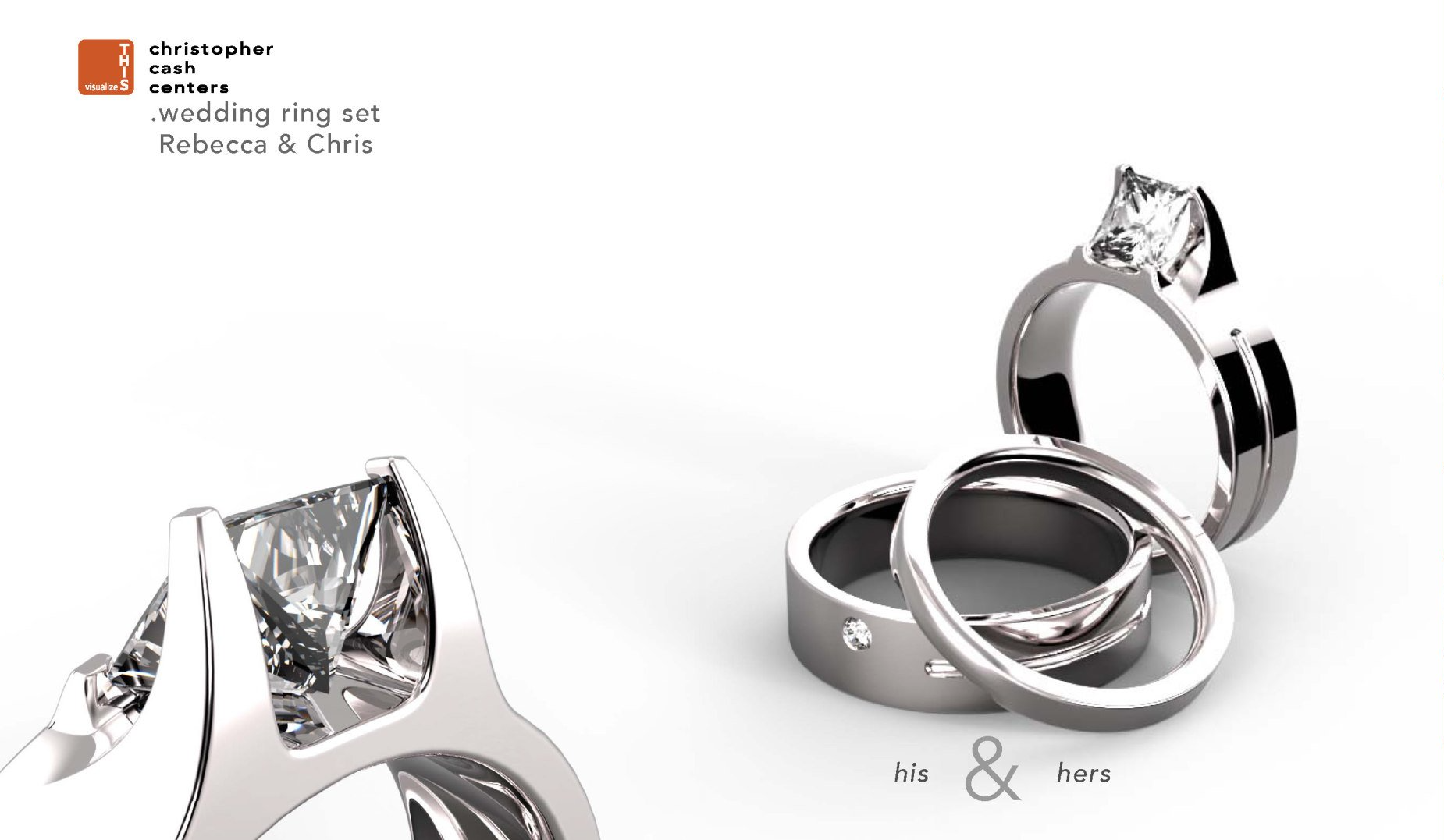 Wedding ring set, three rings with a princess cut diamond, silver.