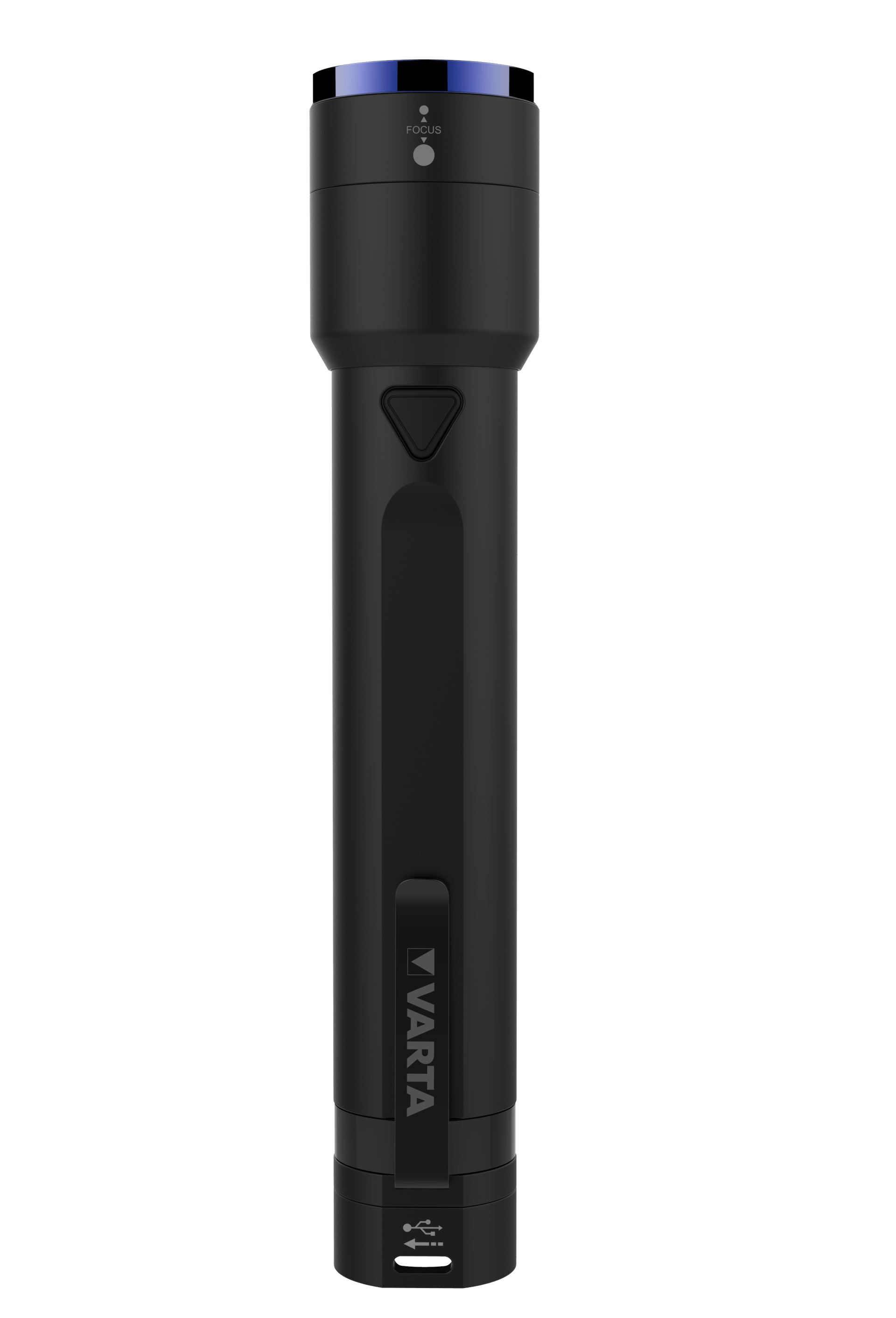 Black VARTA flashlight with a blue ring around the lens and a USB charging port.