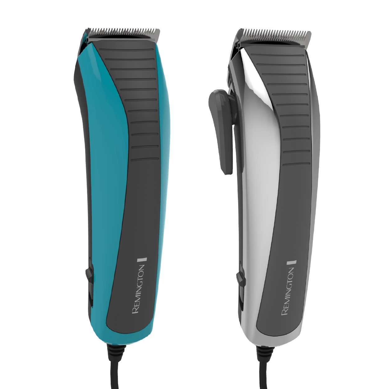 Two Remington hair clippers: teal and silver, both with black accents and power cords.
