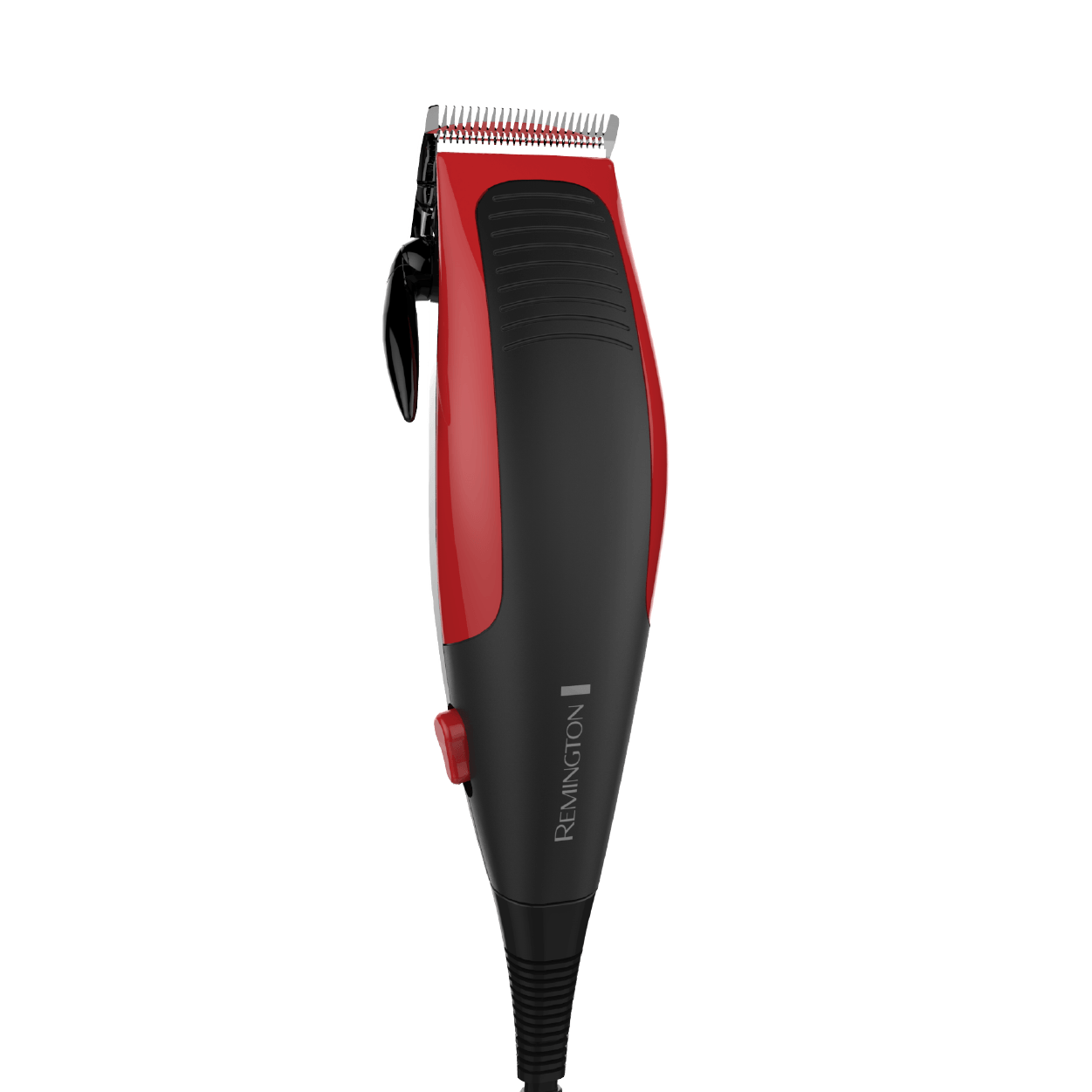 Red and black Remington hair clipper with a black cord.