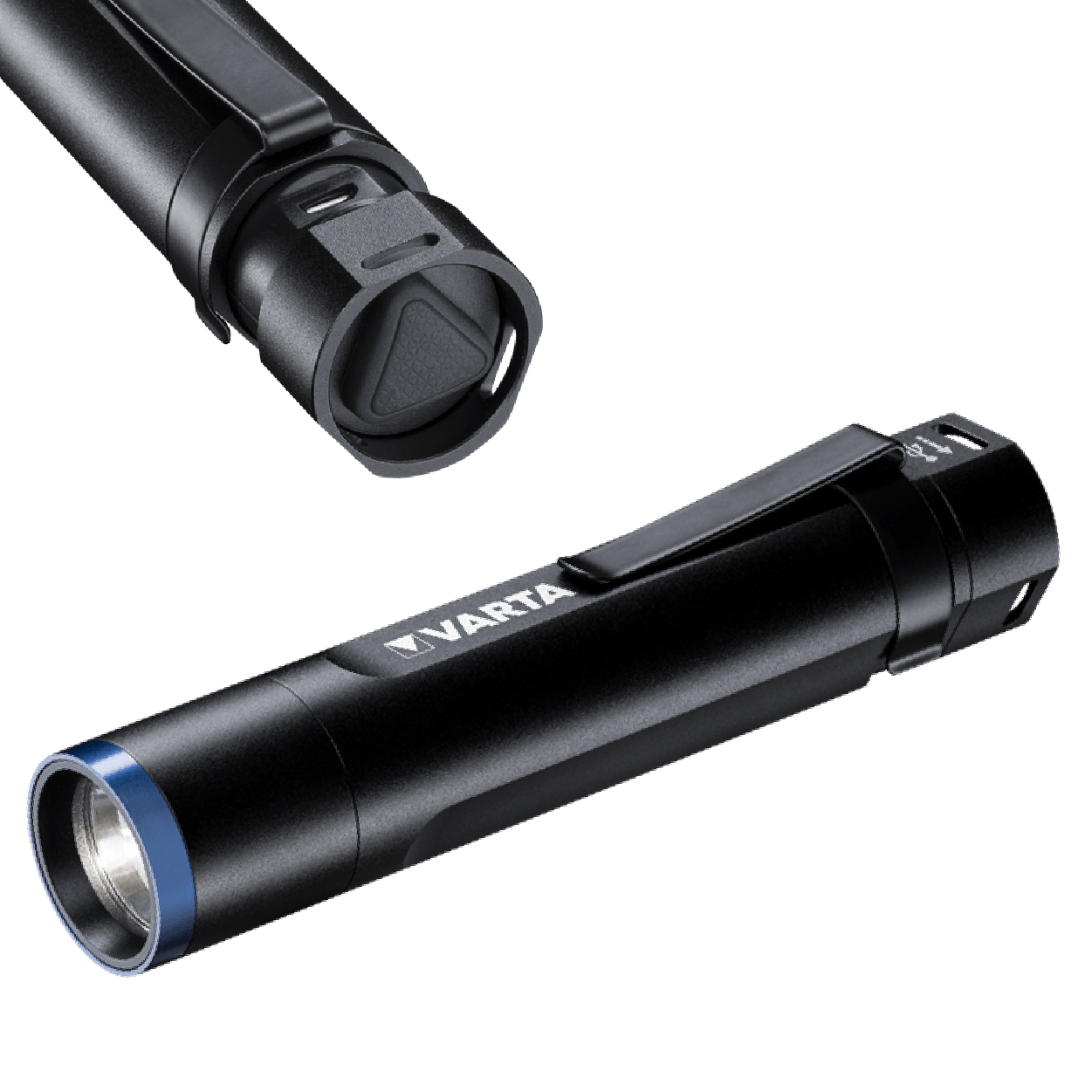 Black Varta flashlight with a clip and blue trim, shown from two angles.