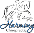 Logo showing a human silhouette with a visible spine, a horse, and a dog, with text: Harmony Chiropractic LLC.
