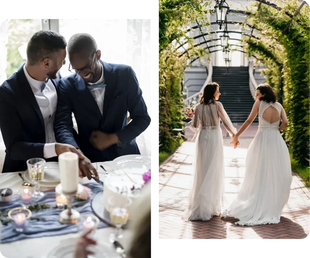 A man and a woman are sitting at a table and holding hands.