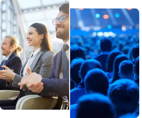 A group of people are sitting in chairs and clapping at a conference.