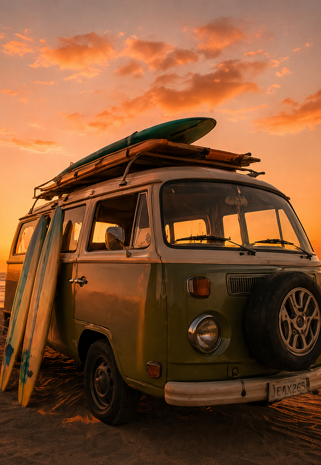 Vintage Olive Green Van With Surfboards At Beach — Coastal Vibez In Ourimbah, NSW