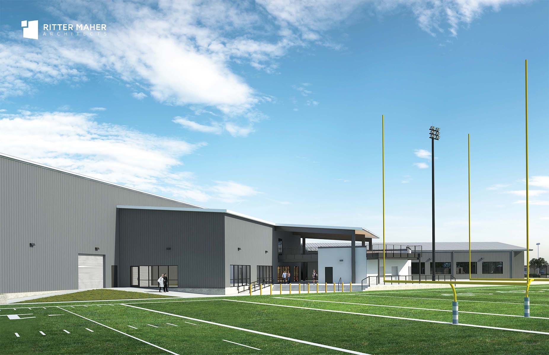 An artist 's impression of a football field with a building in the background.