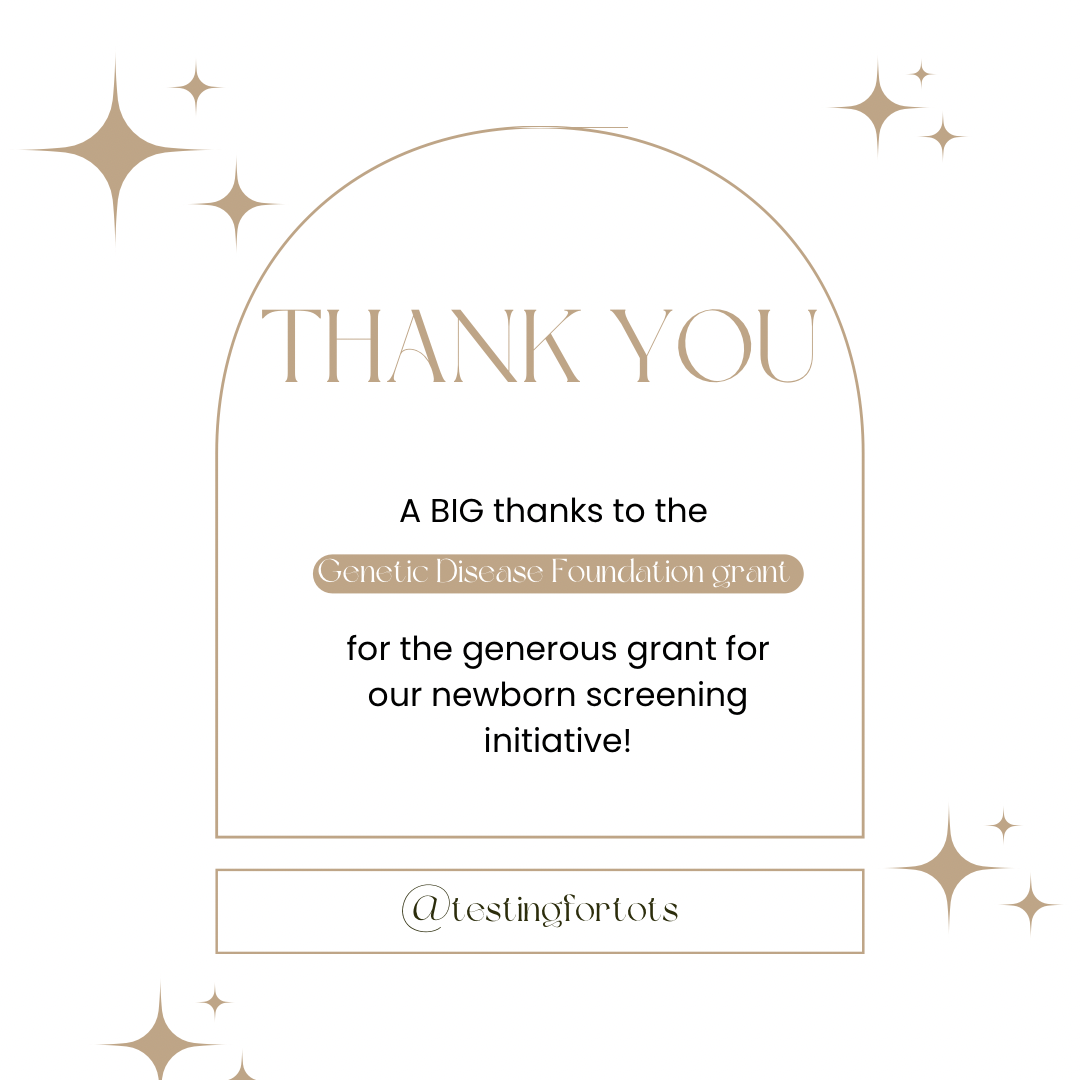 Thank you card: brown arched frame, text thanking the Corelik Elliscase Foundation for a grant for newborn screening.
