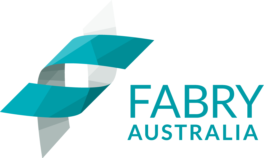Logo of Fabry Australia: teal ribbon symbol with gray accents, teal text, 