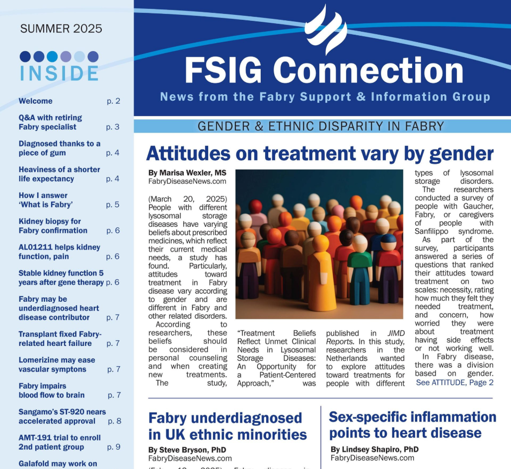 FSIG Connection newsletter with articles on Fabry disease, gender, and ethnic disparities.