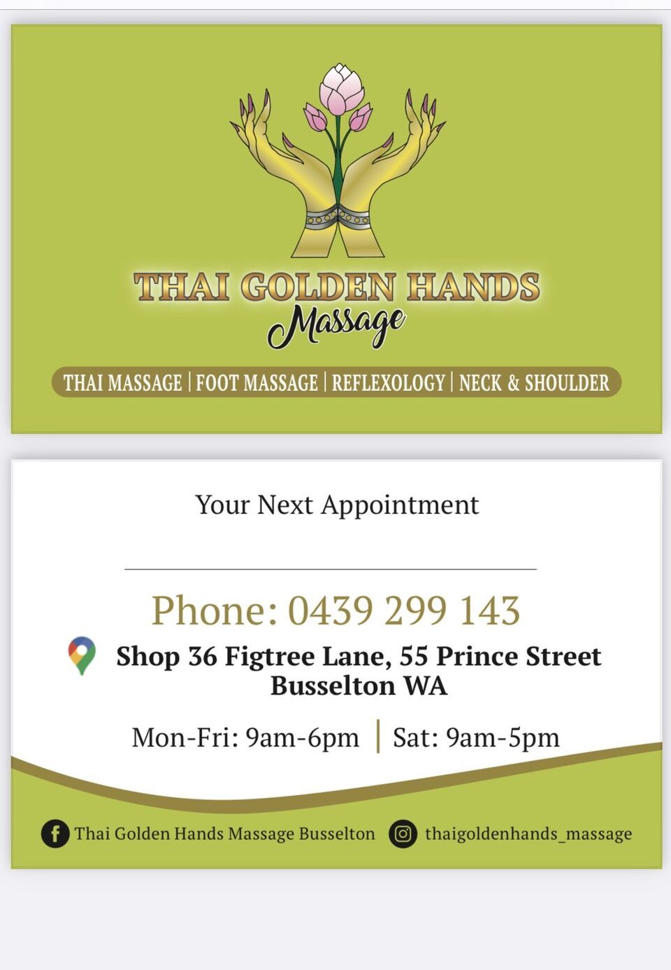 Thai Golden Hands appointment card