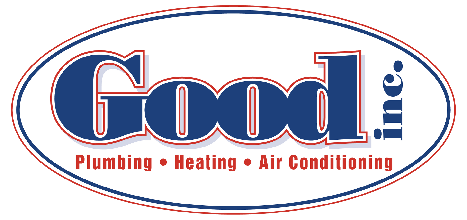 Logo for "Good, Inc." plumbing, heating, and air conditioning company; features blue and red text within an oval border.
