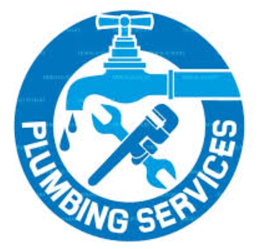 Blue plumbing logo with a faucet, wrenches, and dripping water, text says 