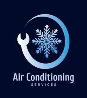 Logo for air conditioning services, featuring a wrench and snowflake within a blue circle.