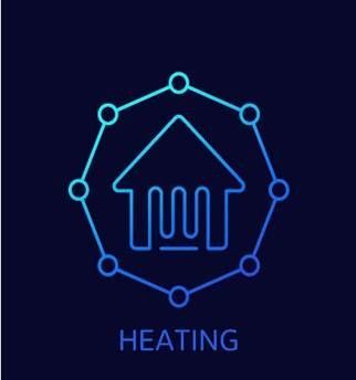 Blue neon house icon with a radiant heating symbol surrounded by a network, with the word 