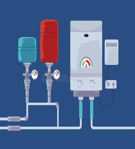 Illustration of a water heater system with blue and red tanks, pipes, and gauge against a blue background.