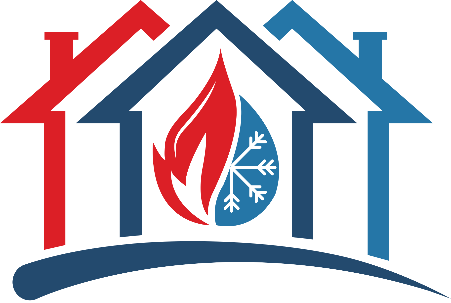 Houses with fire, water droplet with snowflake, and logo for HVAC services.