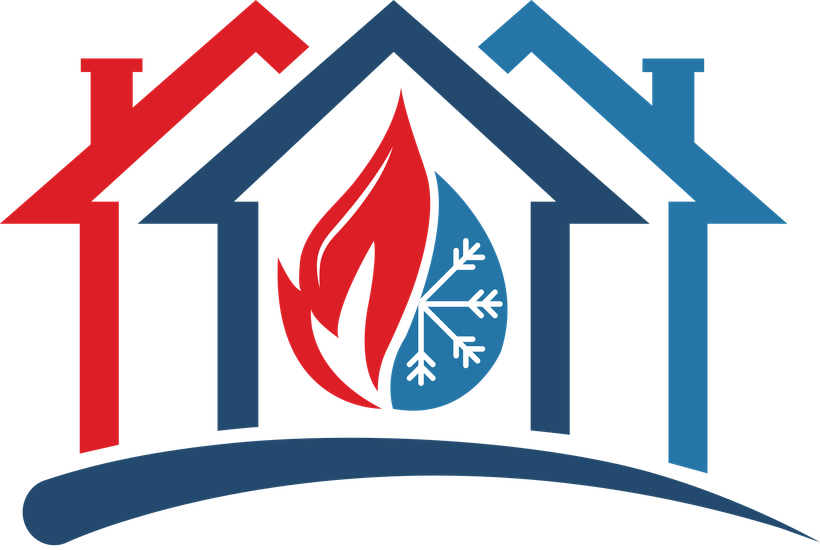Houses with fire, water droplet with snowflake, and logo for HVAC services.