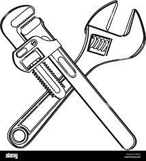 Two crossed wrenches; one pipe wrench, one adjustable wrench.