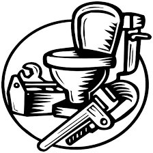 Toilet repair logo featuring a toilet, wrench, and toolbox within a circle.